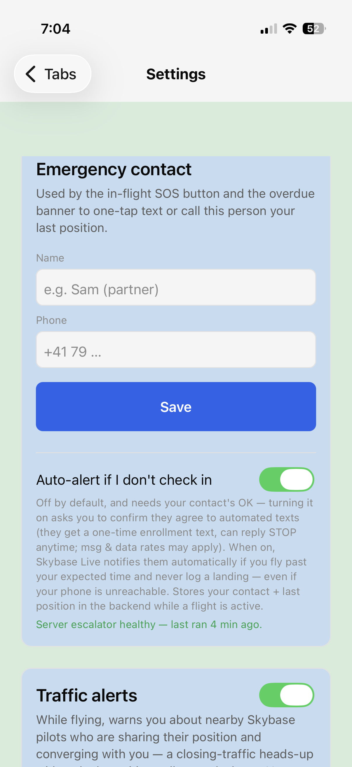 Skybase Emergency-contact card with the auto-alert enabled and a 'Server escalator healthy' status line