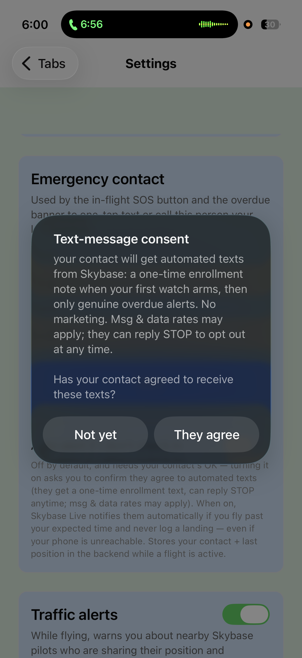 Skybase text-message consent dialog — 'Has your contact agreed to receive these texts?' with 'Not yet' and 'They agree' buttons