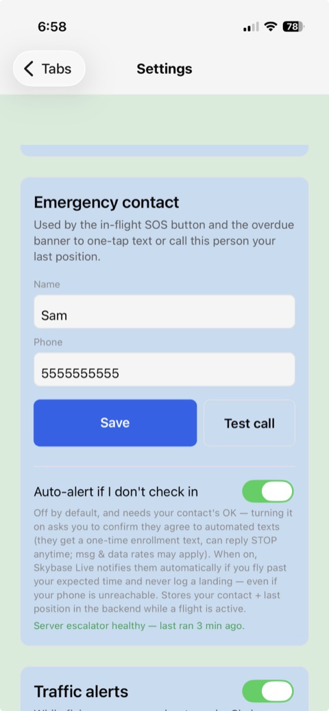 Skybase emergency contact and overdue auto-alert card