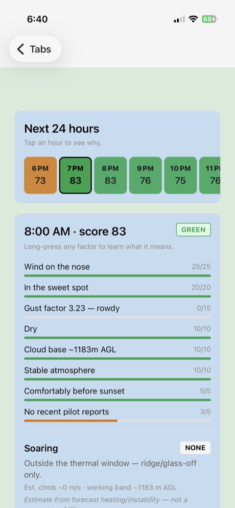 Skybase site screen showing a go/no-go score and factor breakdown